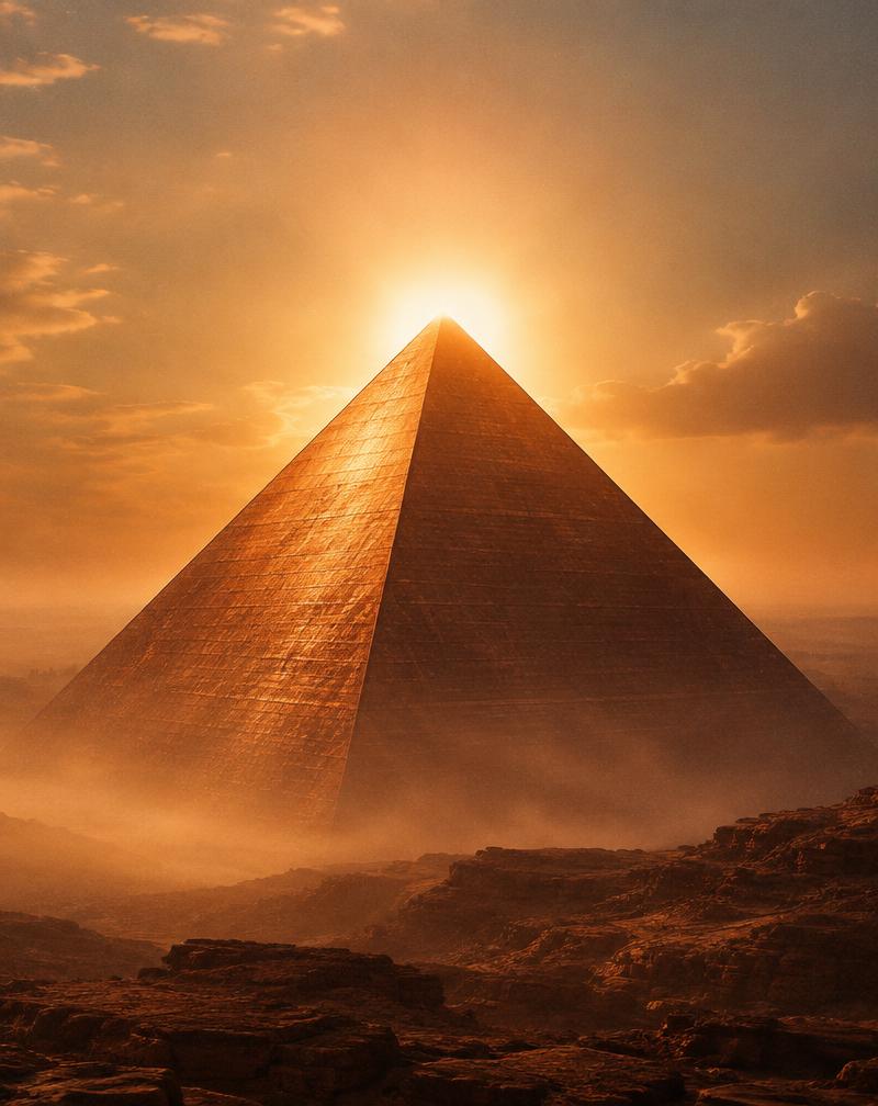 Pyramide de cuivre baignée de lumière à l’aube
