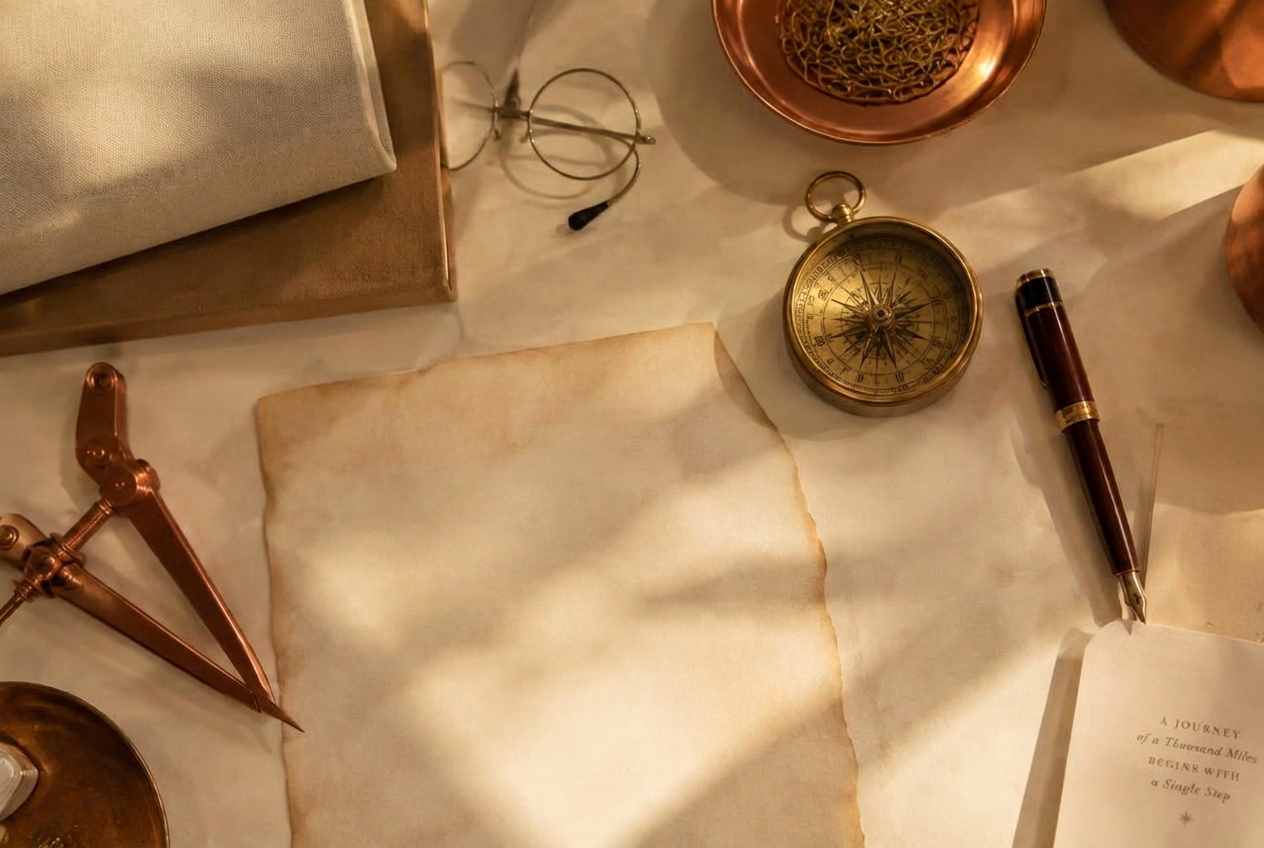 Instruments de cuivre, parchemin et compas doré